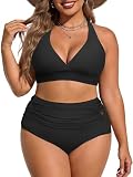 Womens Plus Size Bikini Two Piece Swimsuits Tummy Control Bathing Suits High Waisted Bikini Swimwear Black 18 Plus