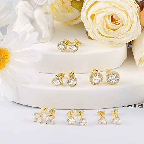 ALEXCRAFT Gold Stud Earrings for Women, Sterling Silver Cubic Zirconia Halo Stud Earring Set Round Heart Square Diamond Studs Valentines Earing Pack, 6 Pairs - Thumbnail 2