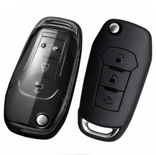 Image of JVCV Premium Soft TPU Key Cover Compatible with with Ford Endeavour Figo Aspire Freestyle 3 Button Folding Key | 360 Protection Case (Combo - Matte Black & Transparent)