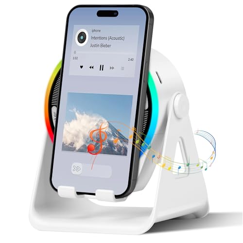 Cawinii Wireless Induction Bluetooth Speaker, 4-in-1 with 360° Rotating Phone Holder and RGB Ambient Light, High-Definition Surround Sound (White)