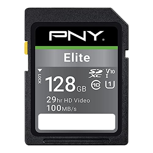 PNY 128GB Elite Class 10 U1 V10 SDXC Flash Memory Card - 100MB/s, Class 10, U1, V10, Full HD, UHS-I, Full Size SD (Pack of 1)