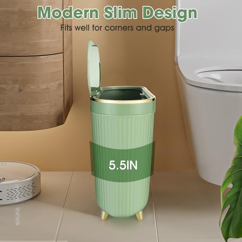 Image of VZZNN 2 Pack Bathroom Trash Can with Lid,3.2 Gallon Slim Garbage Can with Pop-Up Lid Small Waste Basket for Bedroom,Living Room,Office,Dog Proof,Green