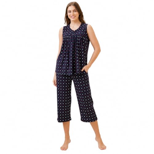 Image of AV2 Women's Cotton Printed Round Neck Sleeveless Night Suit Set | Capri Set | Casual Night Dress for Women