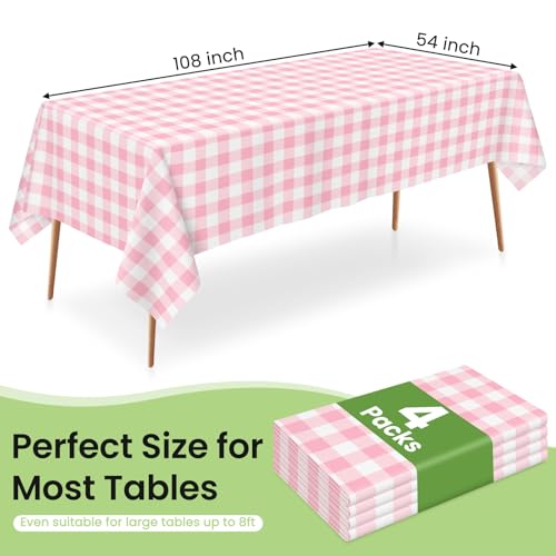 Image of LANLISA 4 Pack Pink Gingham Tablecloth Plastic, 54 x 108 Inch Rectangle Table Cloth Disposable, Valentines Day, Easter Party, Mothers Day Decorations Tablecloths, Birthday Picnic Plastic Cover
