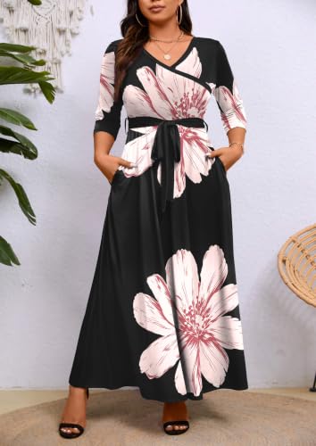 Image of Runwind Plus Size Maxi Dress for Curvy Women Flowy Wrap with Pockets