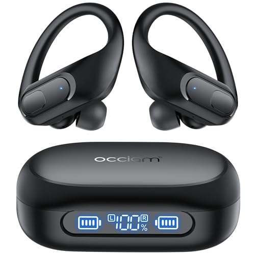 occiam Wireless Earbuds Bluetooth Headphones Ear Buds 96Hrs Playback Sport Over-Ear Waterproof Wireless Headphones Earphones with Earhooks ENC Mics Clear Call for Sport Running Workout Matte Black