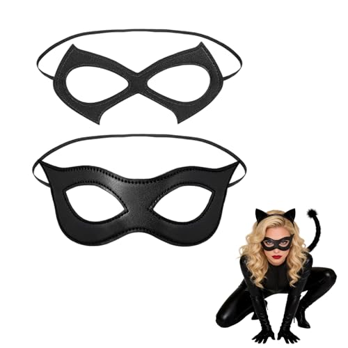JWJDSAK Cat Mask for Women - 2 PCS Adjustable PU Leather Masquerade Mask Sexy Halloween Half Face Mask for Mardi Gras Cosplay & Costume Party Accessories
