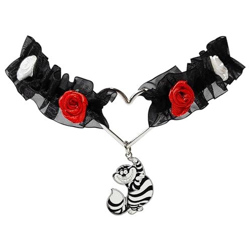 LUV HER Disney Alice in Wonderland Black Lace Choker Necklace with Roses & Heart Charm – Adjustable Jewelry for Women & Girls – Ideal for Cosplay & Themed Parties