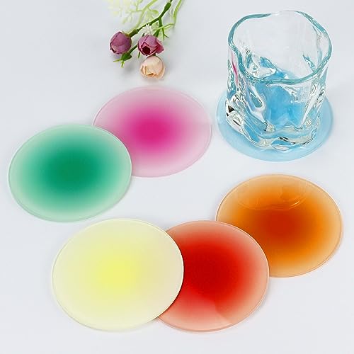 Image of Acrylic Coaster, 6 Pcs Drink Coasters Colorful Acrylic Coaster Set | Cute Coasters Round Heat Resistant Holder Anti Slip Table Coasters with Metal Holder Stand for Table Bar Desk Home Decor