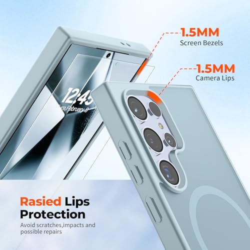 Image of SUPFINE Magnetic for Samsung Galaxy S24 Ultra Case with Screen Protector, (Built-in Magnets) (Military Grade Drop Protection) Slim Translucent Shockproof Phone Case,Sliver Blue