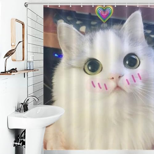 Rideau de douche chat mignon anti-moisissure en tissu lavable et imperméable