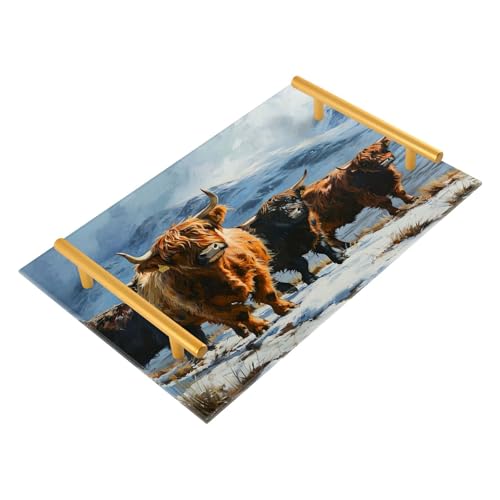 GUIJI Highland Cow Acrylic Tray, Perfume Cosmetic Jewelry Decorative Trays Bathtub Organizer, Living Room Kitchen Serving Tray with Gold Handles