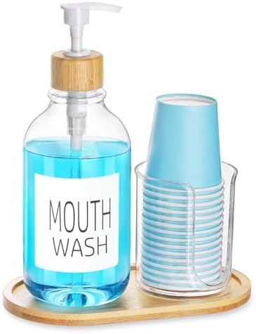 Mouthwash Dispenser with Cup Holder, Plastic Mouth Wash Pump Bottle with Tray for Bathroom Organizers, 17oz Refillable Clear Mouthwash Container - Bamboo