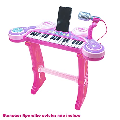 TECLADO PIANO INFANTIL MICROFONE BANQUINHO LUZ SOM ROSA - MC18059-R
