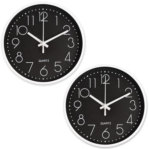 CIMOYBAI 2 Relojes de Pared Redondos de Cuarzo de 20 cm, Reloj de Pared de, Moderno, silencioso, Reloj Pared Adecuado para Oficina, salón, Dormitorio, Cocina (Negro con Dorado)