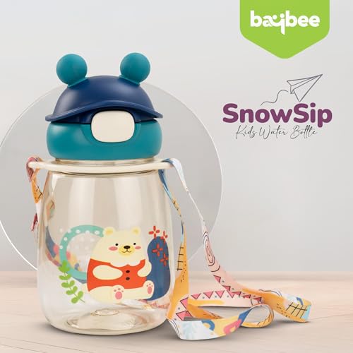 Image of BAYBEE SnowSip Baby Sipper Bottle with Straw for Kids | Spill Proof & BPA Free Safe Sipper 540ml | Cute Cartoon Design Smooth Sipping & Adjustable Strap | Drinking Water Bottle for School Kids (Blue)