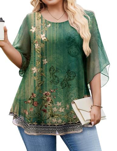 IN'VOLAND Plus Size Blouses for Women Chiffon 3/4 Sleeve Shirts Boho Crew Neck 2026 Fashion Green Dressy Casual Blouses Green Floral 2X