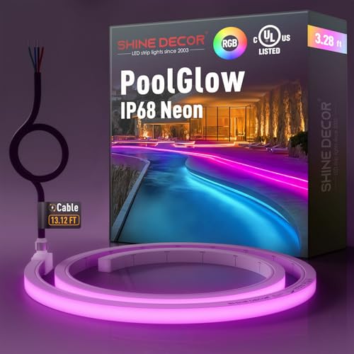 Shine Decor IP68 Waterproof LED Strip Light, 24V Pool Rated Submersible Silicone Neon, UL Listed Underwater Outdoor LED Rope Light for Pool Fountain Waterfall Bathtub, 16x16mm, RGB, 3.28FT