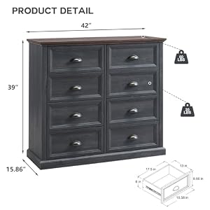 Farmhouse 8 Drawer Dresser for Bedroom 39 Tall Dressers Chests of Drawers 42 Wide Dressers Organizer Storage Wood Rustic Bedroom Dresser for Closet Living Room Hallway Dark Grey