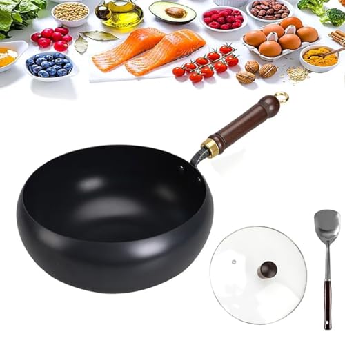 Yowikuw Poêle en fer non revêtue - 24 cm - Forge manuelle - Poêle en fer antiadhésive - Sans revêtement - Durable et inoxydable - Pour cuisinière, mélange à gaz, cuisson au gaz, fond rond avec