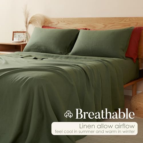 DAPU Pure Linen Sheets Set, 100% French Linen from Normandy, Breathable and Durable for Hot Sleepers, 4 Pcs Set - 1 Flat Sheet, 1 Fitted Sheet, 1 Pillowcase (Olive Green, King)