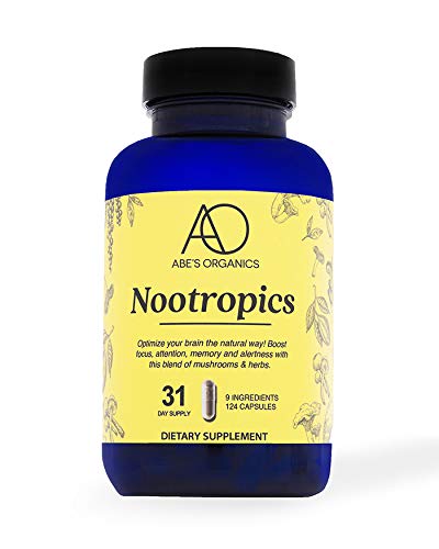 Abe's Organics Nootropics Dietary Supplement | Optimize Your Brain, Boost Focus, Attention, Memory and Alertness | Blend of Mushrooms and Herbs | 9 Ingredients 124 Capsules