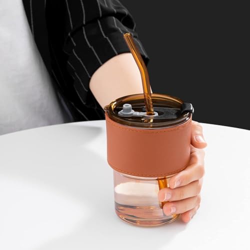 Image of 400ml Brown Glass Sipper Bottle with Lid & Straw | Stylish Reusable Glass Bottle for Juice, Coffee, Smoothies, Milk | Eco-Friendly, Leakproof Drinkware for Kids & Adults | Travel-Friendly