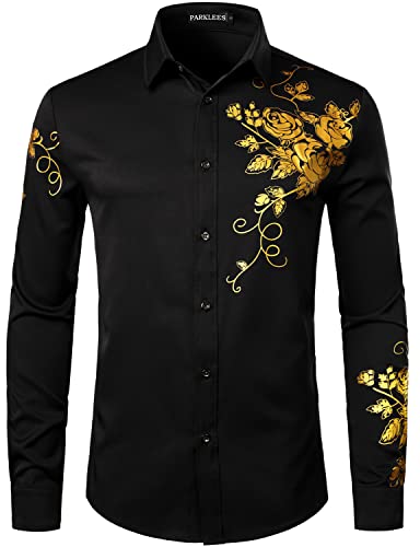 PARKLEES Men's Hipster Rose Floral Print Design Slim Fit Long Sleeve Button Up Party Dress Shirt Black Gold L
