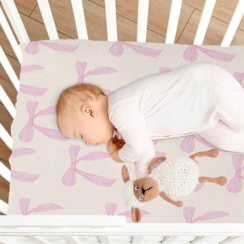 Image of Fitted Crib Sheets Coquette Bows Cute Pink Stretchy Portable Playard Sheets for Baby Toddler, Breathable Soft Mini Crib Mattress 39 x 27 In for Boys and Girls