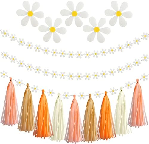 20 Pieces Daisy Groovy Boho Garland 2 Pieces Daisy Garland Party Tassel Banner Artificial Daisy Party Favor Daisy Felt Banner for Spring Decor Wedding Birthday Party Bridal Window Decorations(Daisy)