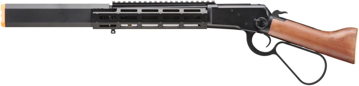 GoldenBall Atlas Custom Works Airsoft M1873 Mares Leg Lever Action Airsoft Green Gas Rifle w/MLOK Rail and Suppressor (Color: Black)