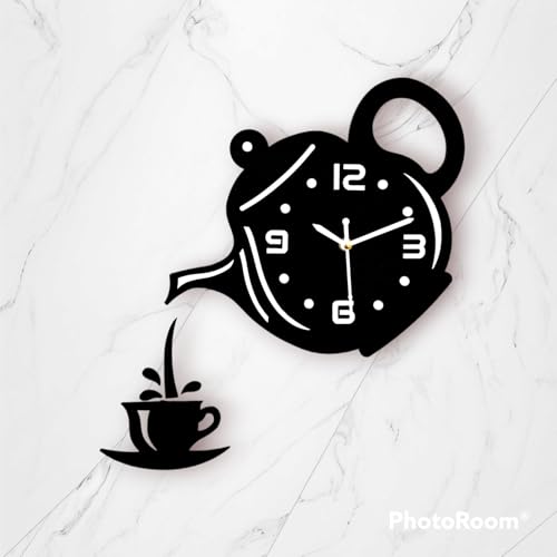 Image of cozyloom Tea Time Theme Wooden Wall Clock | Creative Teapot & Cup Cutout Design | Analog Kitchen Wall Clock for Home, Cafe & Office Decor | Gift Item (Black).