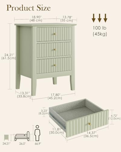 Image of Fluted Nightstand, Farmhouse Night Stand with 3 Drawers, Mid Century Modern Side Accent Table,Bedside End Table for Bedroom, Living Room, Pale Green