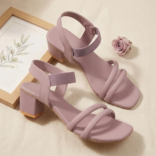 Image of SKOLL Women's Low Block Heel Strappy Sandals, Comfort Elastic Ankle Strap Open Toe Heeled Sandals, Casual Dressy Walking Sandals with Dual Front Straps