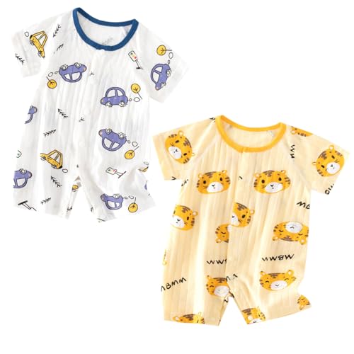 ACMEDE Neonato Pagliaccetto Tutina di Cotone, Pacco da 2 Bodysuits a Manica Corta Body Estivo Tigre Coniglietto Tuta Pigiama Neonati Pagliaccetti Body a Scatto Bimbo 0-18 Mesi