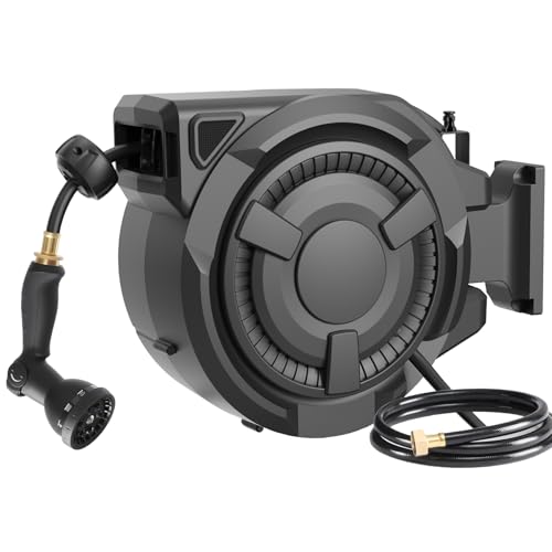 Retractable Garden Hose Reel 1/2 in x 100 ft, Heavy Duty Wall Mounted Hose Reel with 10- Function...