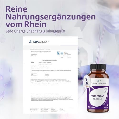 Vitamin A Hochdosiert 10000 IE - 120 Kapseln 4 Monate Vorrat - Augen Vitamine Retinol - Vegan & Ohne Zusätze in Deutschland hergestellt - Rhein Nutrition