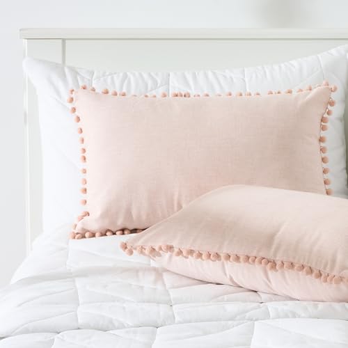 Image of 100% Cotton Pom Pom Cushion Without Filler, Elegant & Modern Cushion Cover for Living Room, Rectangle, 12 inchx20 inch, uni Chambray, Set of 2 - Cloud Rose