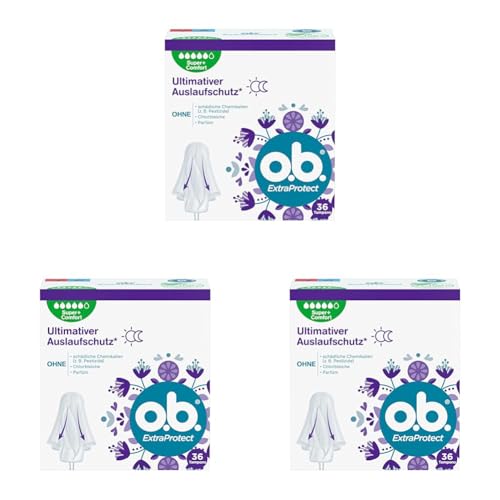 o.b. ExtraProtect Super + Comfort (36 Stück), Tampons für sehr starke Tage, Dynamic Fit Technologie & extra Schutzflügel für bis zu 100% Auslaufschutz während der Periode (Packung mit 3)