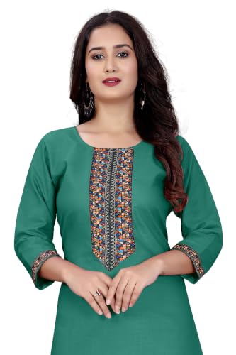 Image of Women A-line Cotton Blend Round Neck 3 /4 Sleeve Embroidered Kurti Only