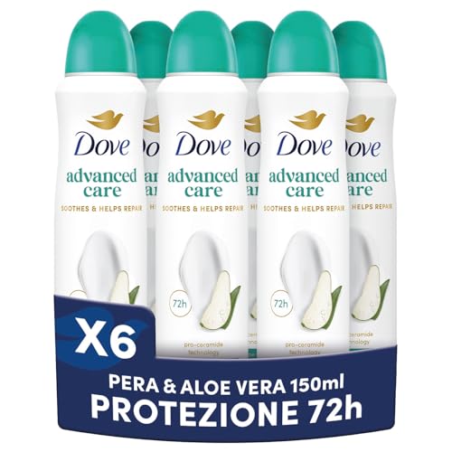 Dove Deodorante Spray Advanced Care Go Fresh Pera e Aloe Vera, con Formula Idratante e Delicata sulla Pelle, Senza Alcol, Pelle Asciutta Fino a 72 Ore, Deodorante Uomo e Donna, 6 Pezzi da 150ml