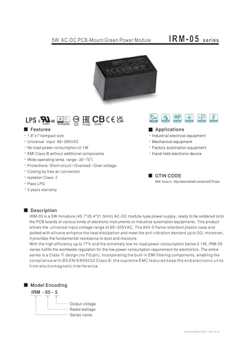 Module d'alimentation CA-CC 5W IRM-05-12 pour circuit imprimé - 2