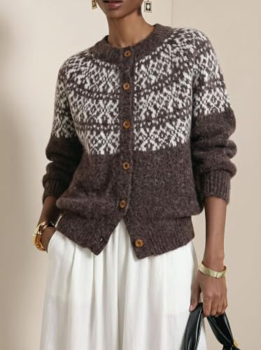 Fair Isle Sweater Women Crew Neck Knit Cardigan Vintage Button Down Coat - image 3