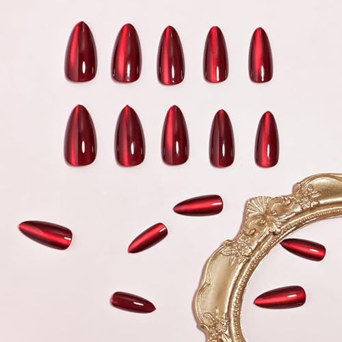 DMQ Red Cat Eye False Nails, 32Pcs Burgundy Glitter Press on Nails Short, Almond Wine Red Shimmer Fake Nails, Full Cover Glossy Stick on Nails with Glue for Women Girls DIY Nail Art Gifts - Image 4