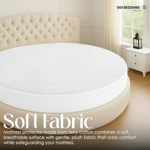 Round Mattress Protector 76" Diameter Size- 15" Deep Pocket Fitted Style Mattress Pad Cover Skin-Friendly, Super Soft & Breathable Bed Protection Against Moisture, Spills, Stains - White