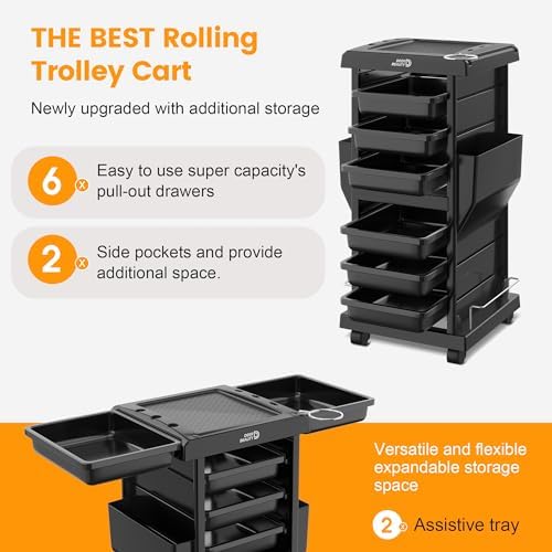 DEER BEAUTY Ultimate Salon Trolley for Salon Stations Space-Saving Rolling Cart for Extra Storage Top-Notch Hair Salon Beauty Cart Upgraded with 6 Trays &2 Tray Holders Versatile Utility Cart