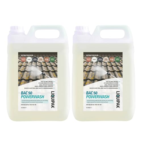 Liquipak BAC 50 2x5L Benzalkonium Chloride Concentrated 10L ideal for roof cleaning soft washing patios decking driveways & outdoor surfaces with lasting results.