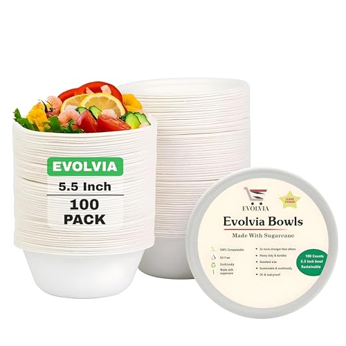Evolvia Disposable Bowls 100% Compostable 2x More Stronger 5.5 Inch 100 counts Sugarcane Bowls, Eco-friendly, Heavy Duty, Microwave Safe Durable & Oil Resistant, Perfect for Every Ocasion