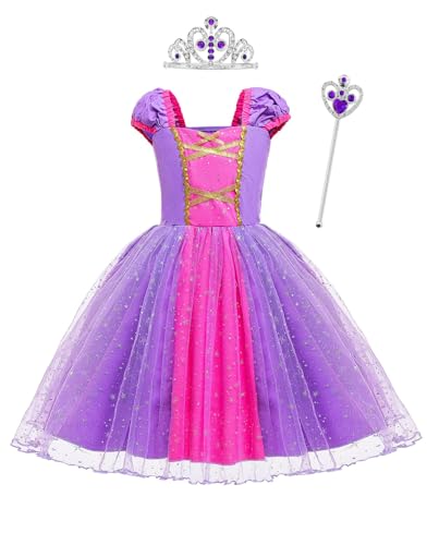 Clundoo Disfraz Rapunzel Niña, Vestido de Princesa de Dibujos Animados Con Corona y Varita, Halloween Fiesta Cosplay Cumpleaño 120cm