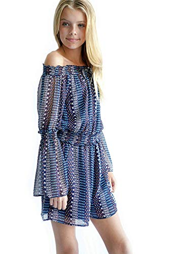 Smukke, Big Girls Tween Elegant Printed Off The Shoulder Cold Long Sleeves Romper With Pockets (With Options), 7-16 (10, Navy-Brown Romper) #TOP7
